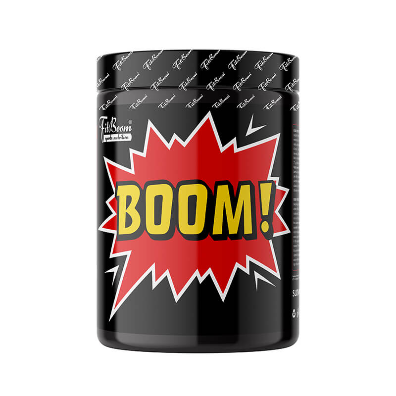 BOOM Preworkout Red Energy 323 g – intenzívny predtréningový stimulant v práškovej forme, ktorý zvyšuje energiu, sústredenie, výdrž a prietok krvi pre maximálny výkon počas cvičenia