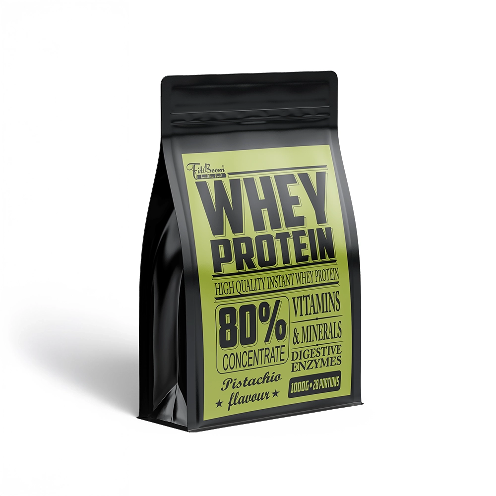 Whey Protein 80% Pistachio 1000 g – kvalitný srvátkový proteín s vysokým obsahom bielkovín pre podporu rastu svalov, regenerácie po tréningu a doplnenie dennej potreby bielkovín. Ideálny pre aktívnych športovcov a fitness nadšencov.
